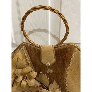 Wood Fiber Vintage Purse with Floral Details Top Handle Bag